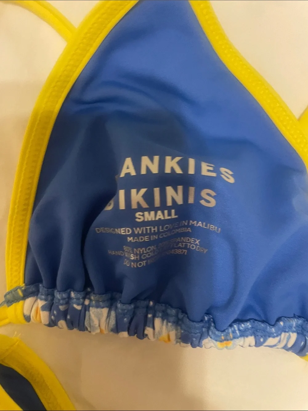 Frankie's Bikinis Blue Daisy Triangle Dove Classic Bikini with Yellow Trim